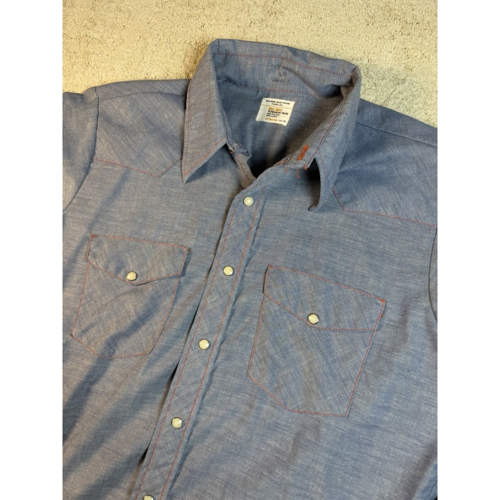 Vintage JC Penney Big Mac 70s Pearl Snap Blue  Long Sleeve Button Shirt Sz Large